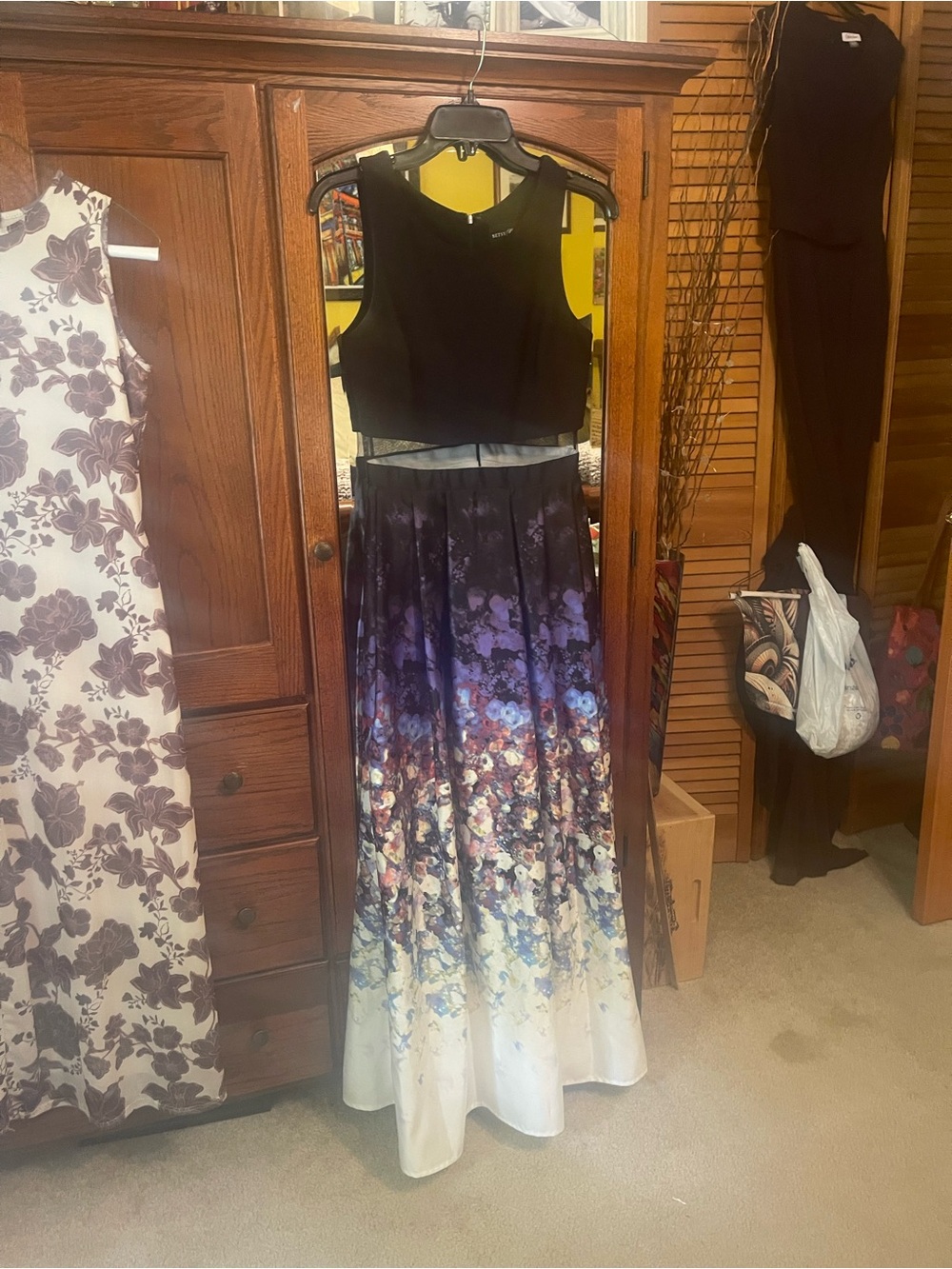 Betsy & Adam Black Crop Top Maxi Dress with Purple to White Floral Ombre Skirt